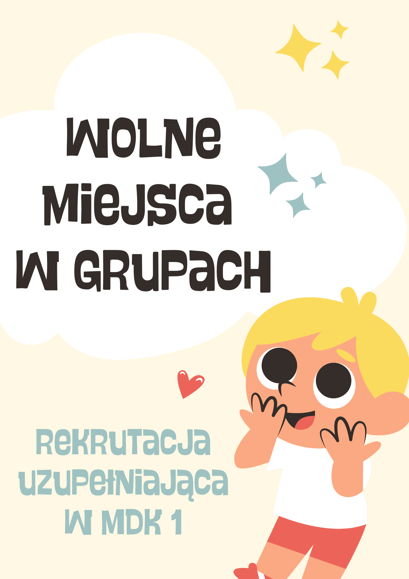 Wolne miejsca w grupach - rekrutacja uzupełniająca - plakat przedstawiający dziecko